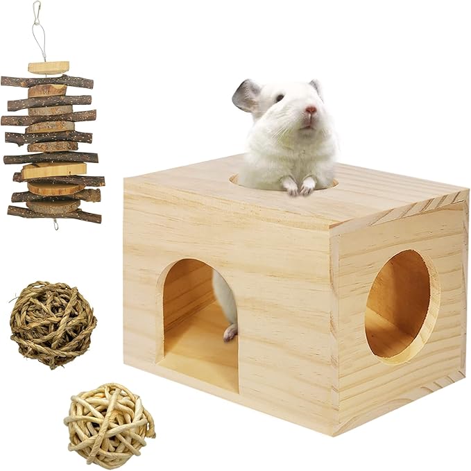 Fhiny Guinea Pigs Wood House Chinchilla Hut Hideout Natural Wood Multiple Doors Small Animal Chewing Molar Activity Toys Hamsters Habitat Cage for Hedgehog Squirrel Sugar Gliders