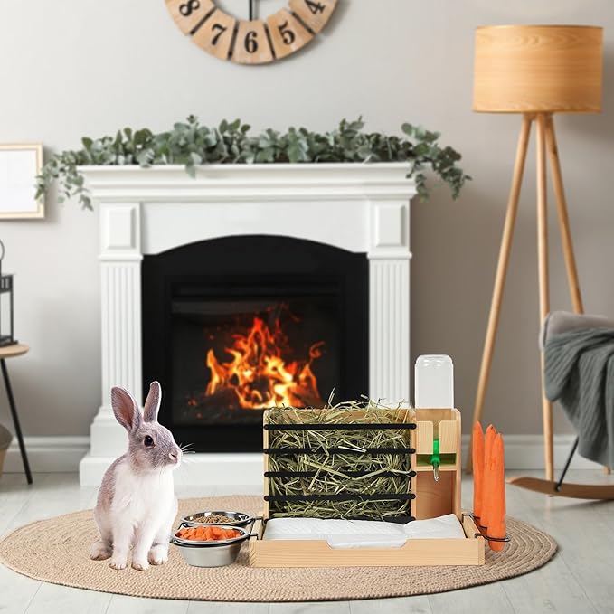 Wooden Rabbit Hay Feeder,Guinea Pig Hay Feeder,Bunny Hay Holder Hanging with 500ml Water Bottle, Small Animals Hay Manger for Chinchillas, Hamster, Dwarf Rabbit,Ferrets (Wood)