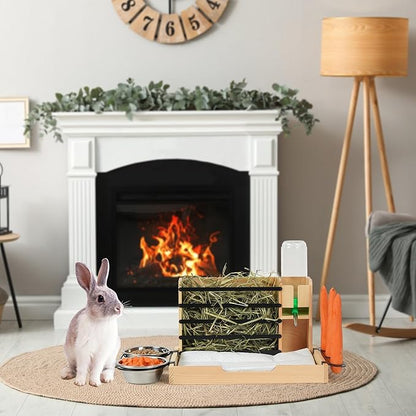 Wooden Rabbit Hay Feeder,Guinea Pig Hay Feeder,Bunny Hay Holder Hanging with 500ml Water Bottle, Small Animals Hay Manger for Chinchillas, Hamster, Dwarf Rabbit,Ferrets (Wood)