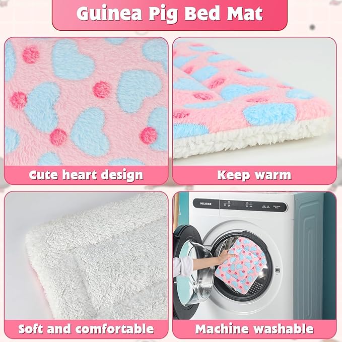 YUEPET 5 Pack Warm Guinea Pig Bed Pads Soft Guinea Pig Sleeping Mats Washable Small Animal Bedding Cage Liners for Indoor Bunny Hamster Squirrel Hedgehog Chinchilla Ferret Heart Pattern（12.5''*10.8''）