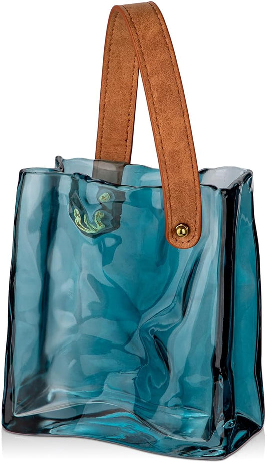 Glass Purse Vase for Flowers Deep Sea Blue Vases for Centerpieces Glass Bag Vase with Leather Handle Small Bag Vases for Decor Decorative Fish Bowl for Home Wedding Decor