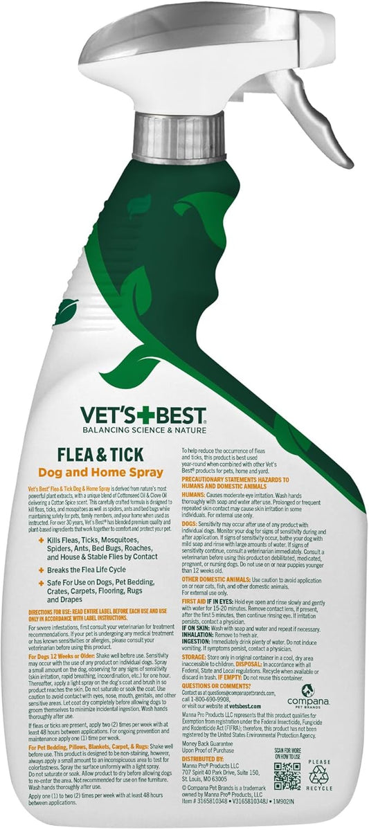 Vet’s Best Flea and Tick Home Spray – Plant-Based Flea and Tick Treatment for Dogs and Indoor Use – Natural Spray with Essential Oils for Flea Control in Home – 32 oz Bottles, 2 Pack
