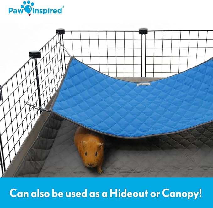 Paw Inspired Hanging Fleece Hammock for Ferrets, Rats, Chinchillas, Sugar Gliders, Small Pets | Hideout Toy for Guinea Pigs, Hamsters | Swivel Clips for Small Animal Cages (Gray/Blue)