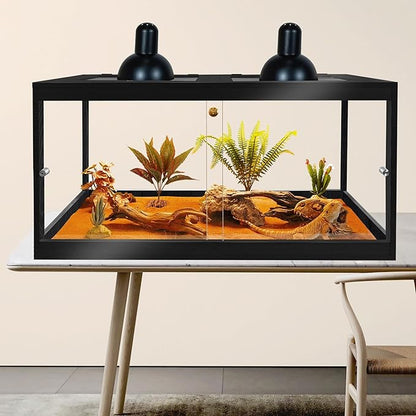 PROLEE Bearded Dragon Tank,34 Gallon Reptile Tank with Meatl Mesh Roof and Front Sliding Door, Anti-Scratch Lizard Tank,Spacious Reptile Enclosure for Snakes,Lguanas, Chameleons (Black)