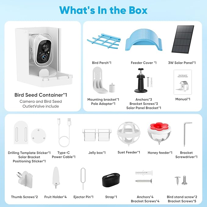 Smart Bird Feeder with Camera, Bird Feeders for Outdoors with Solar Panel, 2K HD Live View, AI Identify, Auto Capture, Instant Notifications, 2.4GHz, IP65 Waterproof, Ideal Gifts for BirdLovers, Blue