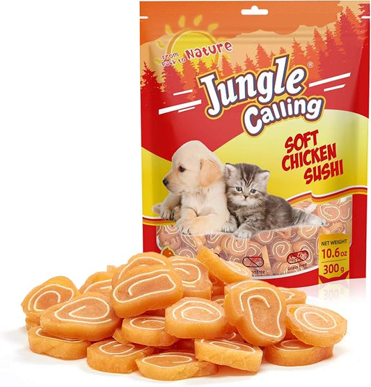 Jungle Calling Soft Chicken & Codfish Cat & Dog Treats, High Protein Pet Snacks for Small & Medium Dogs & Cats, Chewy Chicken Sushi Dog Training Treats, 10.6 oz