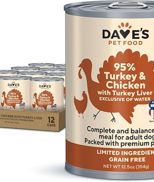 Dave's Pet Food Limited Ingredient Dog Food (95% Turkey & Chicken), Made in USA Grain Free Wet Canned Meals, Large & Small Breeds, 12.5 oz Cans (12 Pack)