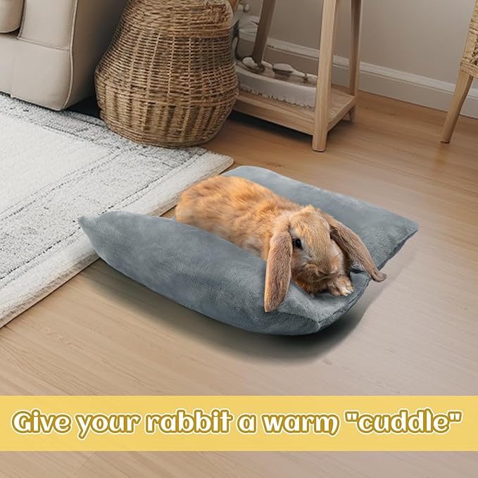 MEWTOGO 13 x 14In Rabbit Bed, Thickened Soft Bunny Snuggle Concave Bed, Cuddle Cushion Plush Mat with Cotton Lounger Pillows, Small Pet Flop Mat for Indoor Cage Sleeping Bunny Gifts, Gray