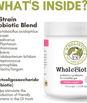 Wholistic Pet Organics WholeBiotics - Daily Dog Probiotics for Digestive Health Support & Immune Boost - 9 Strains - Prebiotics & Probiotics for Dogs & Cats - Gut Health for Dogs - 1 Oz - 28 Scoops