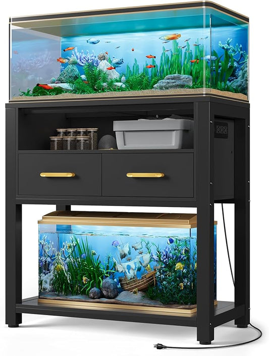 20-29 Gallon Aquarium Stand with Stable Metal Frame & Power Outlet, Heavy-Duty Fish Tank Stand with Waterproof Mat, 550LBS Capacity Storage Cabinet, Black
