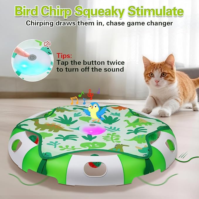 Automatic Interactive Cat Toy with Moving Feather & Chirping Sound Motion Activated Track Toys for Indoor Cats,USB Rechargeable, Extre 2 Cat Bell