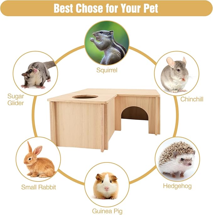 PAWCHIE Guinea Pig Hideout Hamster House with Multi-Rooms - Small Animals Pets Hideout Multi-Chamber Wooden Hut Habitats Decor Tunnel for Guinea Pigs, Hamsters, Chinchillas