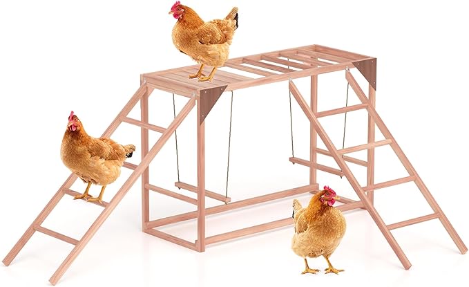 Chicken Activity Play, Multiple Bird Perches with Swing Toy, Wooden Chicken Coop Accessory with Ladder & Platforms Outdoor Birds Toy for Entertainment Backyard Poultry (D)