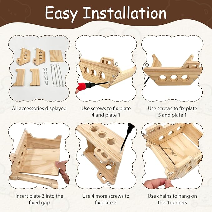 Natural Wood Chinchilla Toy Hammock for Cage Swing, Hanging Chinchilla Bed, Wooden Toys and Cage Accessories, Hut Ledges and Platforms for Indoor Habitat Enrichment