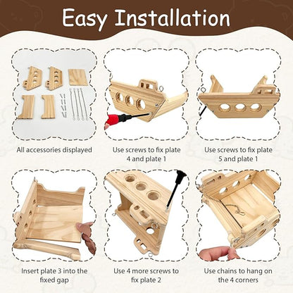 Natural Wood Chinchilla Toy Hammock for Cage Swing, Hanging Chinchilla Bed, Wooden Toys and Cage Accessories, Hut Ledges and Platforms for Indoor Habitat Enrichment