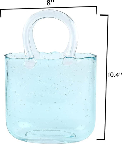 OLEEK Purse vases for Flowers (Handmade) Glass Bag vase -10 Inches- Blue for centerpieces & Fish Bowl - Handbag Unique Flower vase Decorative - Glass Handbag for Cute Room Decor