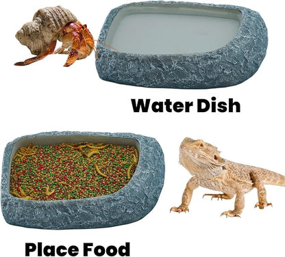 Reptile Feeding Dish, Water Dish and Food Bowl, Resin Rock Reptile Feeding Terrarium Corner Bowls for Bearded Dragon Lizard Frog Gecko Tortoise Hermit Crab Snail