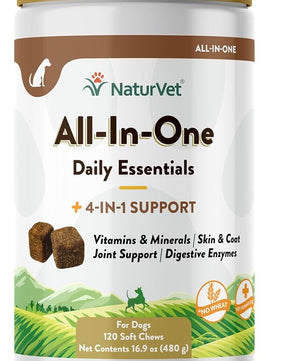 NaturVet All-in-One Dog Supplement - for Joint Support, Digestion, Skin, Coat Care – Dog Multivitamins with Minerals, Omega-3, 6, 9 – Wheat-Free Vitamins for Dogs – 120 Soft Chews