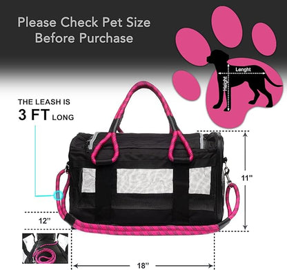 | TSA Airline Approved |Soft Sided Pet Carrier | Cat Carrier | Dog Carrier| Pets Up to 15 lbs | Leash & Luggage Strap | Black with Pink Handle