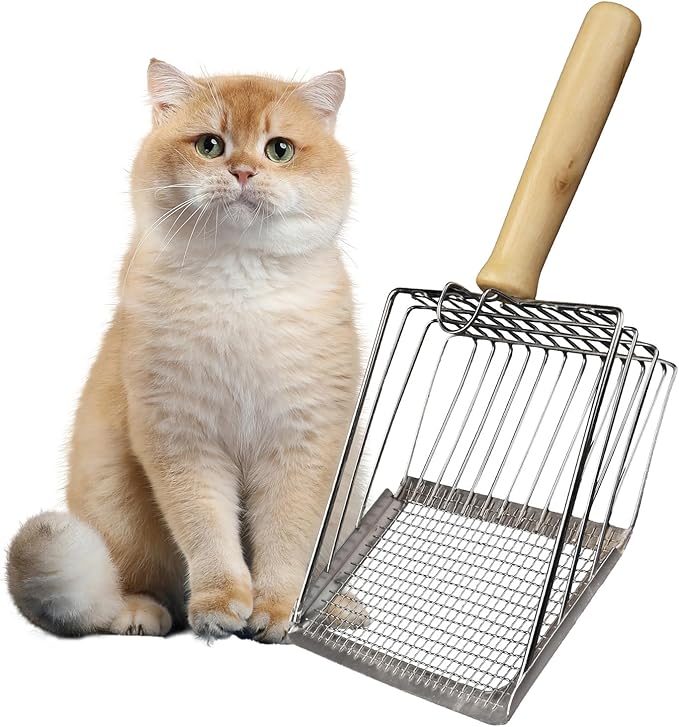 Cat Litter Scoop, Premium Kitty Shovel with Hook and Hole, Metal Sifter Scooper Stainless Steel for Easy Cleaning, Durable and Heavy Duty, Odor-Free for Litter Box (Scoop with Holder)