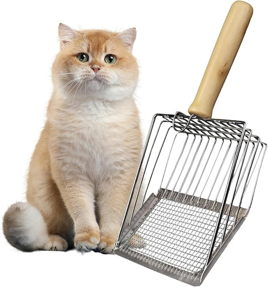 Cat Litter Scoop, Premium Kitty Shovel with Hook and Hole, Metal Sifter Scooper Stainless Steel for Easy Cleaning, Durable and Heavy Duty, Odor-Free for Litter Box (Scoop with Holder)