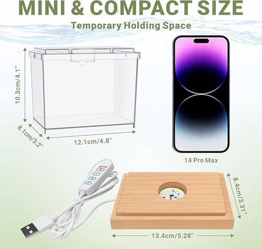 Mini Betta Fish Tank Kit with LED Light Base, Small Fish Bowl for Temporary Space, 0.2 Gallon Stackable Cube Tank with Betta Leaf for Small Fish, Insect, Shrimp, Crab, Spider (Kit-1)