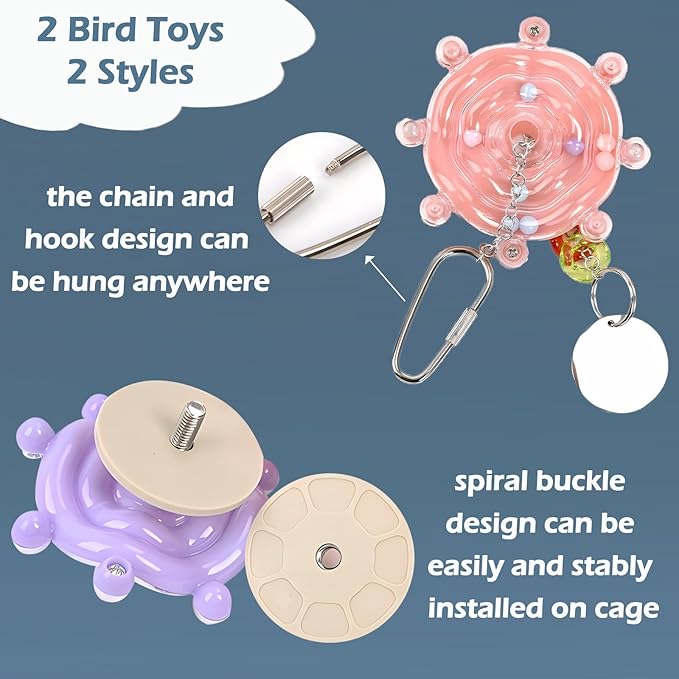 Bird Toys for Parakeets, Colorful Parakeet Toys Wheel, Interactive Spinner Rattle Parrot Toy, Cockatiel Toy for Bird Cage, Chewing Exercise for Conure, Budgies Enrichment Toys (2pcs, Rondom Color)