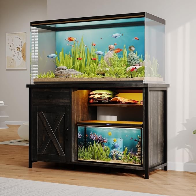 4ever2buy 55-75 Gallon Fish Tank Stand with Power Outlets, LED Light, Heavy Duty Aquarium Stand with Cabinet for Fish Tank Accessories Storage, for Turtle Tank, Reptile Terrarium, 1100LBS, Oak