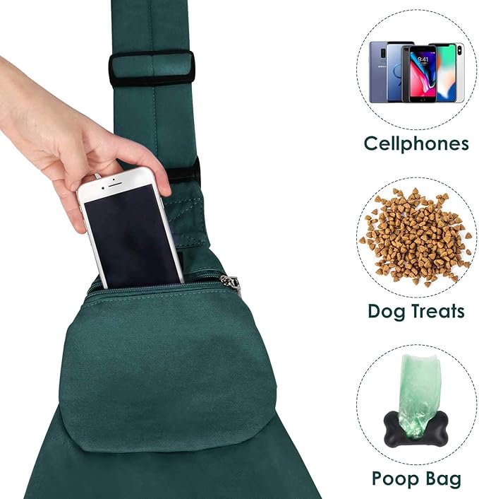 Lukovee Pet Sling, Hand Free Dog Sling Carrier Adjustable Padded Strap Tote Bag, Shoulder Bag with Safety Belt & Front Pocket for Small Dog Cat Puppy (Green,S)