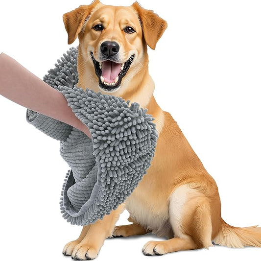 OLANLY Chenille Dog Bath Towel 38x15, Ultra Absorbent Quick Dry Pet Towel, Extra Soft Washable Plush Towel for Large Dogs & Puppies, Indoor Outdoor Use, Grey