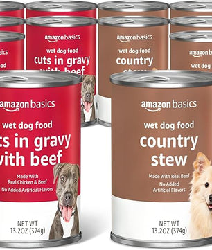 Amazon Basics Wet Dog Food Variety Pack, Country Stew Flavor and Cuts in Gravy with Beef, Made with Natural Ingredients, 13.2oz Cans (Pack of 12)