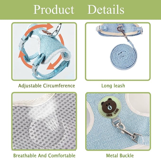 Rabbit Harness and Leash Set 2 Pieces Adjustable Bunny Harness Leash Ferret Harness Guinea Pig Harness Ferret Leash for Small Pets Walking Outdoor (Blue, Small)