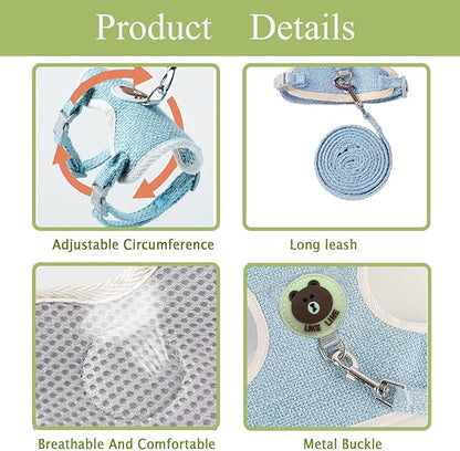 Rabbit Harness and Leash Set 2 Pieces Adjustable Bunny Harness Leash Ferret Harness Guinea Pig Harness Ferret Leash for Small Pets Walking Outdoor (Blue, Small)