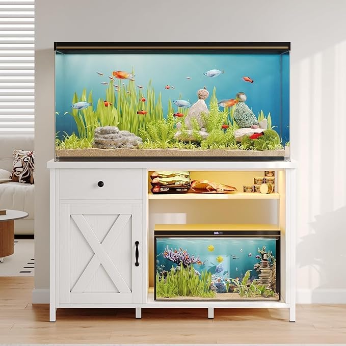 4ever2buy 55-75 Gallon Fish Tank Stand with Power Outlets, LED Light, Heavy Duty Aquarium Stand with Cabinet for Fish Tank Accessories Storage, for Turtle Tank, Reptile Terrarium, 1100LBS, White