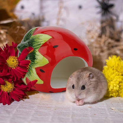 Hypeety Dwarf Hamster Hideout Adorable Cartoon Shape Hamster House Chinchilla Mini Hut Small Animal Ceramic Hideout Cave (Strawberry)