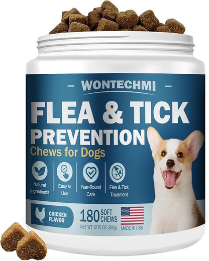 Flea and Tick Prevention for Dogs Chewables, 180 Chews Natural Flea and Tick Chews Supplement for Dogs, Oral Dog Flea and Tick Treatment for All Breeds and Ages (180 Chews, Chicken)