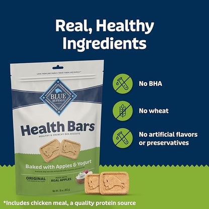 Blue Buffalo Mini Health Bars Crunchy Dog Biscuits, Oven-Baked With Natural Ingredients, Apples & Yogurt, 2-lb Box