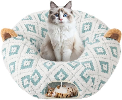 Cat Tunnel Bed with Soft Cushion, Cat Donut Tunnels for Indoor Cats, Peekaboo Cat Cave Toy, Multifunctional Playground Toys for Kittens, Rabbit, Blue Jacquard Pattern