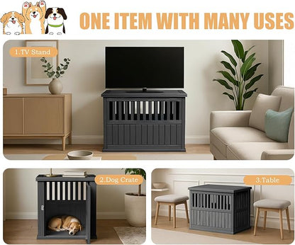 39.37'' Dog Crate Furniture Lockable Dog Kennel Indoor for Large Dogs and Medium Heavy Duty Pet Crate Decorative Pet Cage End Table Escape-Proof and Chew-Proof, Black