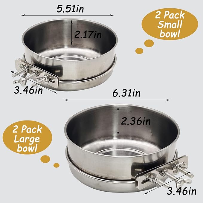 Hamiledyi 2 Pcs Dog Crate Bowl Stainless Steel Puppy Bowls Sturdy Spill-Proof Pet Water Bowl Hanging Water/Food Metal Bowls for Puppy Medium-Sized Dogs Cats (6.3''x2.3'')