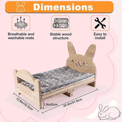 Large Wooden Rabbit Bed - Easy Assemble 20.4"x12.8" Pet Bed with Support Structure & Removable Cushion for Rabbits, Guinea Pigs, Kittens & Small Animals - Cozy Sleeping Habitat