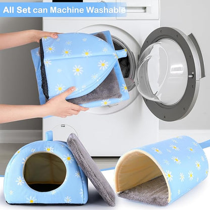 Bienbee Guinea Pig Hideout, Washable Rabbit Bed with Guinea Pig Tunnel, 2 Pack Guinea Pigs Toys Set Bunny Hideout Cage Accessories for Hamster Ferret Rabbits Bunny, Blue Daisy