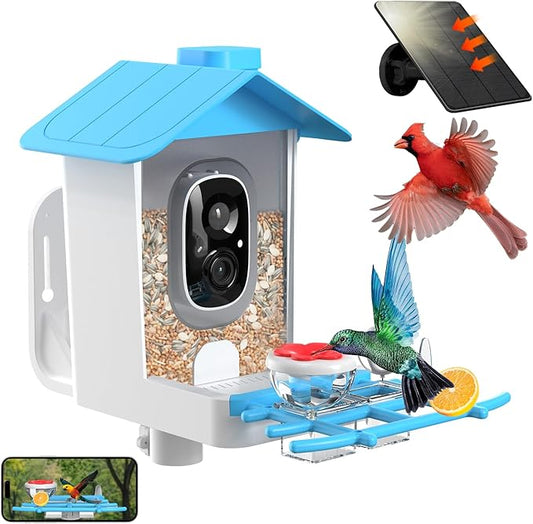 Smart Bird Feeder with Camera Solar Powered - 2K HD Video Birdfeeder, AI Recognition, Real-Time Alerts, Weatherproof Outdoor Bird House for Hummingbirds & Wild Birds (Ideal Gift for Bird Lovers)