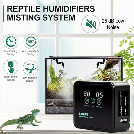 Reptile Humidifiers Smart Misting System for Herps Terrariums, Reptile Mister Automatic with Timer, 360° Adjustable Misting Nozzles for Chameleons, Snake, Frog, Turtle, Lizard