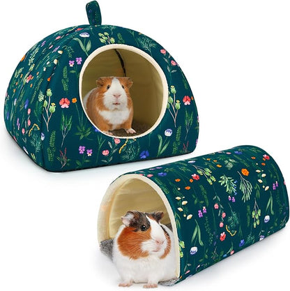 Bienbee Guinea Pig Hideout, Washable Rabbit Bed with Guinea Pig Tunnel, 2 Pack Guinea Pigs Toys Set Bunny Hideout Cage Accessories for Hamster Ferret Rabbits Bunny,Dark Green Flower Branches