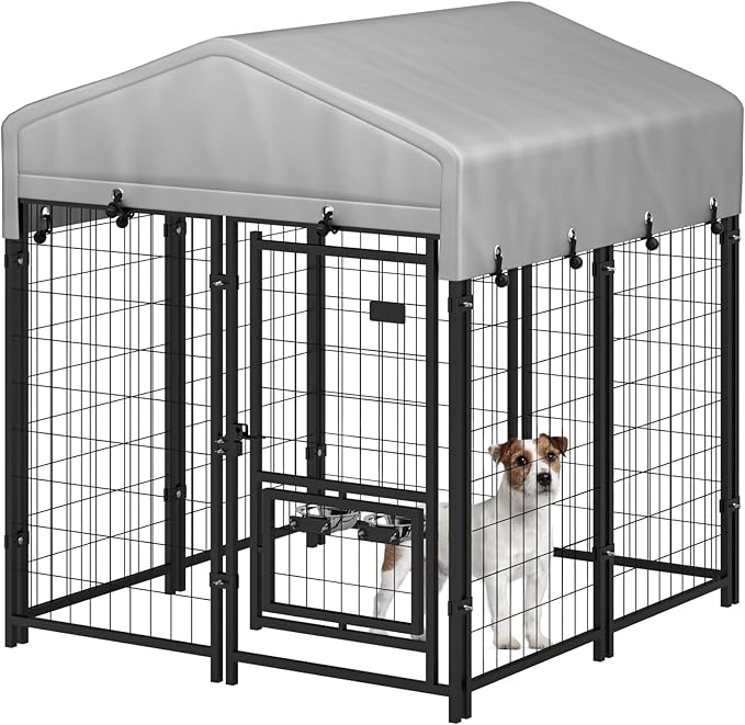 Outdoor Dog Kennel with Roof, Dog Kennel Outside with 2 Dog Bowls, Large Dog House Pen Dogs Run Enclosure with Secure Lock and Wateproof Sunproof Cover (4'L x 4'W x 4.6'H) Black