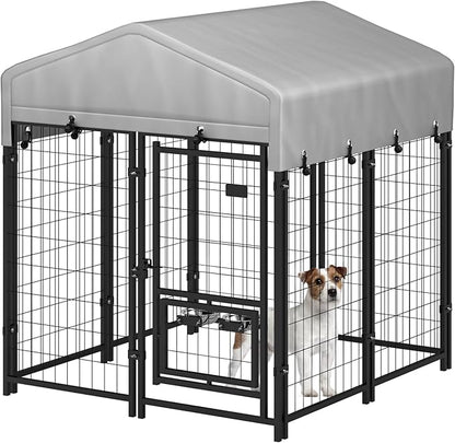 Outdoor Dog Kennel with Roof, Dog Kennel Outside with 2 Dog Bowls, Large Dog House Pen Dogs Run Enclosure with Secure Lock and Wateproof Sunproof Cover (4'L x 4'W x 4.6'H) Black
