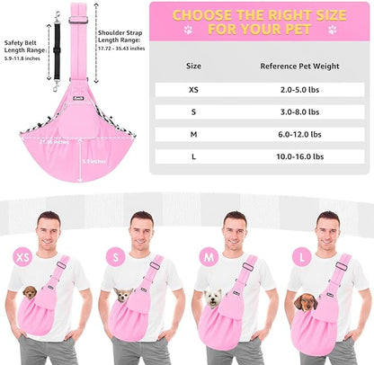 Lukovee Pet Sling, Hand Free Dog Sling Carrier Adjustable Padded Strap Tote Bag, Shoulder Bag with Safety Belt & Front Pocket for Small Dog Cat Puppy (Pink-WY,S)