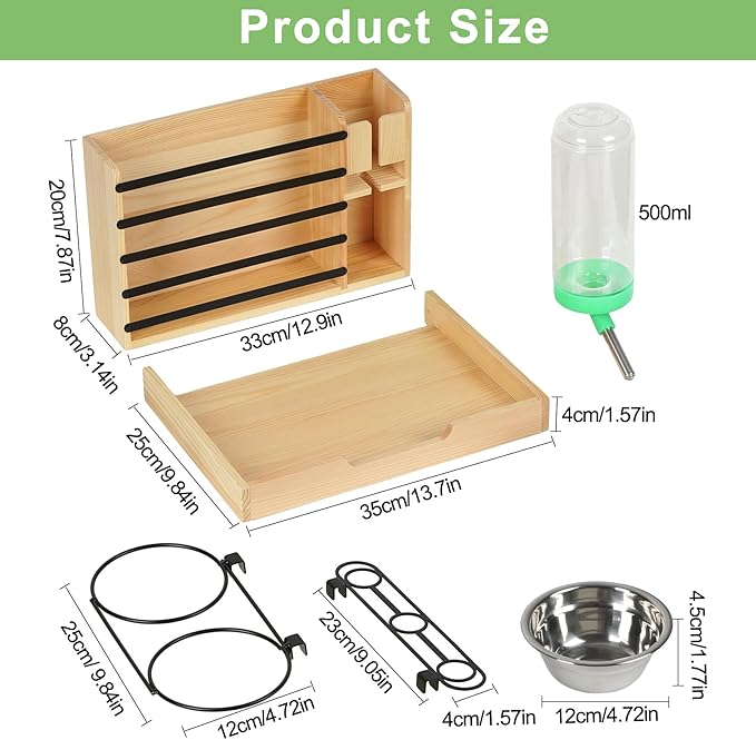 Wooden Rabbit Hay Feeder,Guinea Pig Hay Feeder,Bunny Hay Holder Hanging with 500ml Water Bottle, Small Animals Hay Manger for Chinchillas, Hamster, Dwarf Rabbit,Ferrets (Wood)