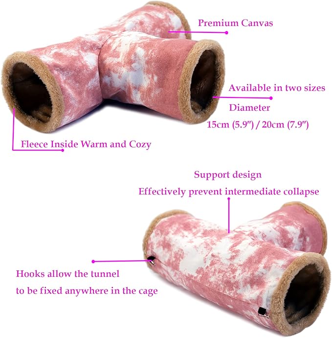 LeerKing Guinea Pig Tunnel 3 Way, Small Animal Hideout Toy Washable Canvas Fleece Tube Play Tunnel for Rats Ferret Bunny Gerbil Sugar Glider Chinchilla, Pink